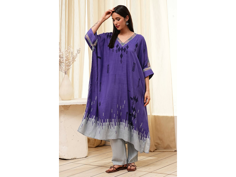 Blue Printed Kaftan-Style Kurta Set at 50% Off product view