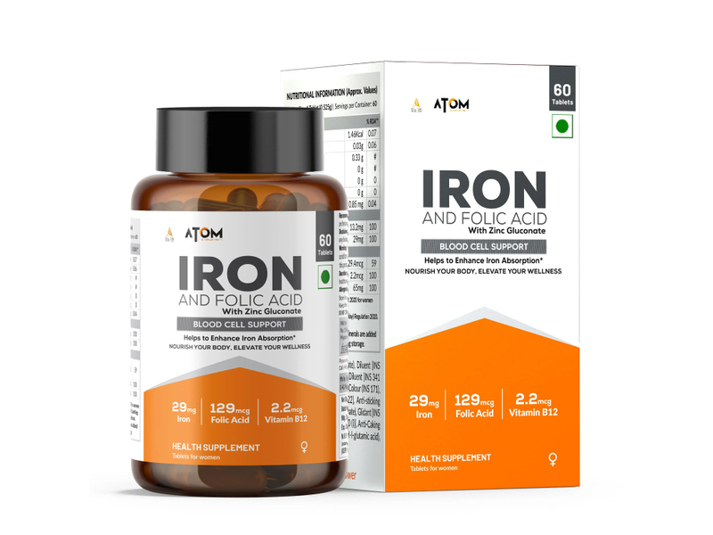 AS-IT-IS ATOM Iron & Folic Acid | 29mg Iron, 129mcg Folic Acid, 65mg Vitamin C | 60 Veg Tablets at 30% Off product view