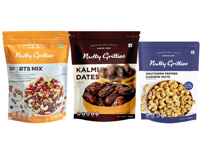 Energy Rich Combo - Sports Mix 350g, Kalmi Dates 350g, Pepper Cashews 200g (900g) at 10% Off product view