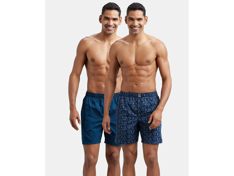 Super Combed Mercerized Cotton Woven Printed Boxer Shorts with Side Pockets - Navy Seaport Teal (Pack of 2) at 15% Off product view