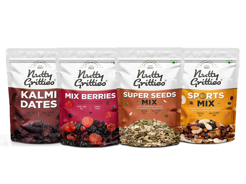 Nuts, Dates, Berries Combo - Sports Mix 350g, Kalmi Dates 350g, Super Seeds Mix 200g, Mix Berries 200g (1.1kg) at 11% Off product view