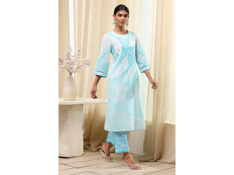 Turquoise Floral Printed Straight Kurta Set at 50% Off product view