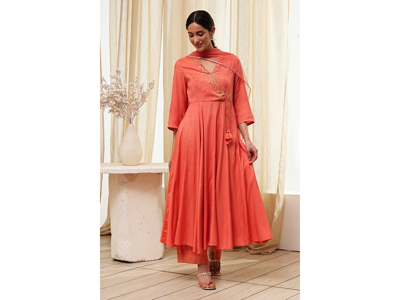 Peach Modal Printed Angrakha Anarkali Suit Set at 60% Off product view