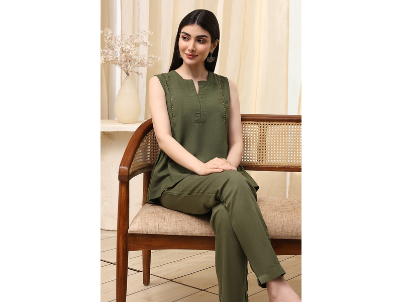 Olive Green Solid Straight Co-ord Set at 50% Off product view