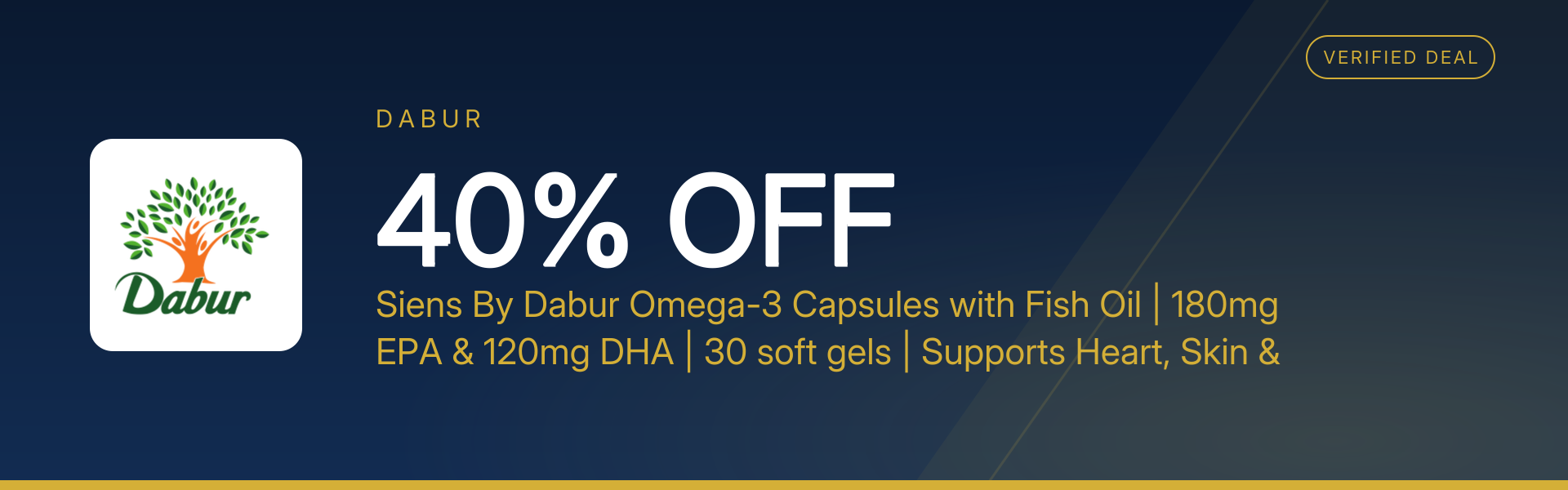 Siens By Dabur Omega-3 Capsules with Fish Oil | 180mg EPA & 120mg DHA | 30 soft gels | Supports Heart, Skin & Joint Health at 40% Off