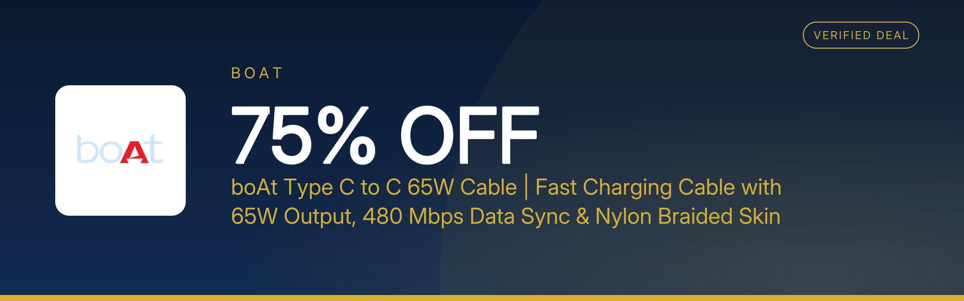 boAt Type C to C 65W Cable | Fast Charging Cable with 65W Output, 480 Mbps Data Sync & Nylon Braided Skin at 75% Off