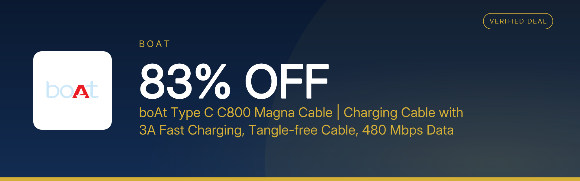 boAt Type C C800 Magna Cable | Charging Cable with 3A Fast Charging, Tangle-free Cable, 480 Mbps Data Sync, 10,000+ Bends Lifespan at 83% Off