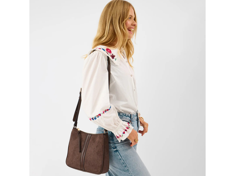 Chocolate Embossed Faux Suede Sling Bag at 30% Off product view