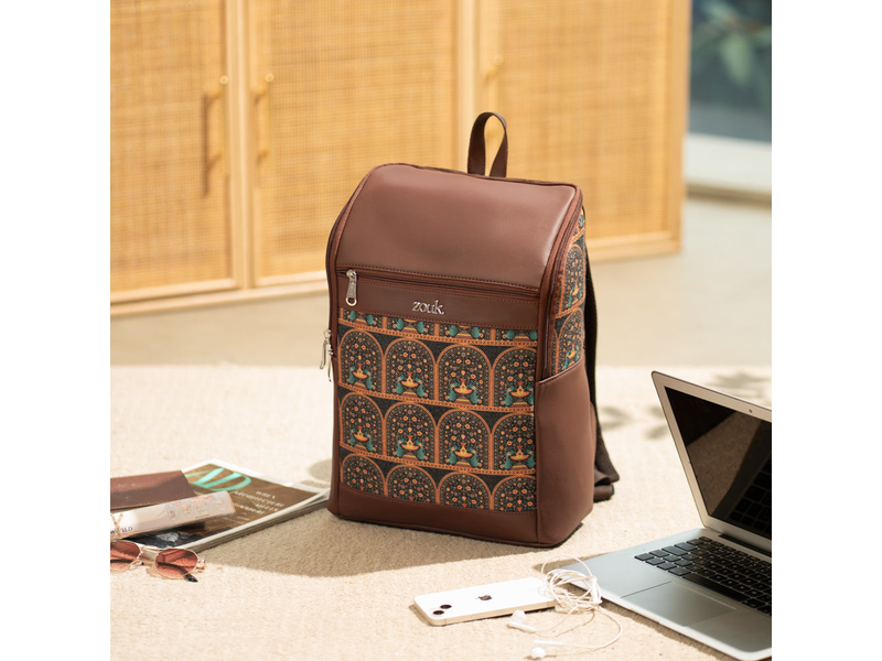Amalia Laptop Backpack (Brown) - Royal Indian Peacock Motif at 38% Off product view