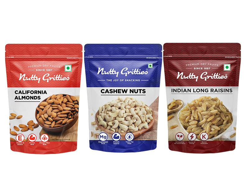 Combo Pack - California Almonds, Cashew Nuts and Long Raisins, 600g at 13% Off product view