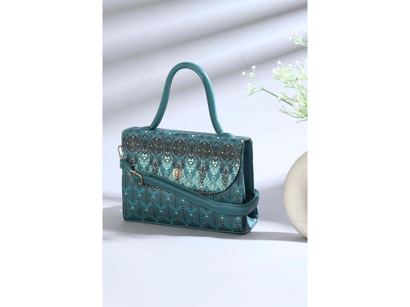 Teal Blue PU Printed Structured Satchel Bag at 50% Off product view